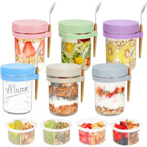 Xyptorix 6 Pack Overnight Oats Containers with Lids and Spoons, 16 oz Mason Jars with Removable Separate Compartments, Airtight and Leak-Proof Glass Jars for Chia Pudding, Yogurt, and Oatmeal