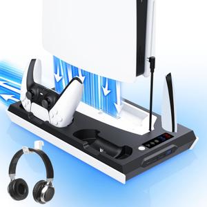 PS5 / PS5 Slim Cooling Station with Dual Controller Charging Station, PS 5 Cooling Stand for PlayStation 5 Console, Headset Holder/ PS 5 Cooling Fan/4 USB Hub All in One Accessories Organizer, Black