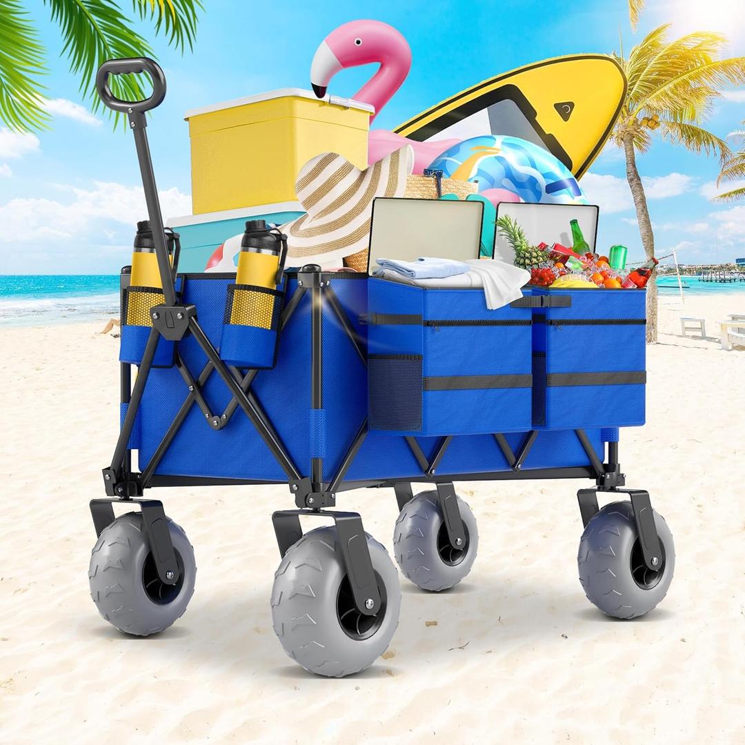 Beach Wagon with Big Wheels for Sand, 350lbs Heavy Duty Folding Wagon, Oversized 180L, 9" PVC All-Terrain Wheels, Adjustable Handle, Cooler & Storage Bags for Beach, Camping, Garden & Outdoor Sports