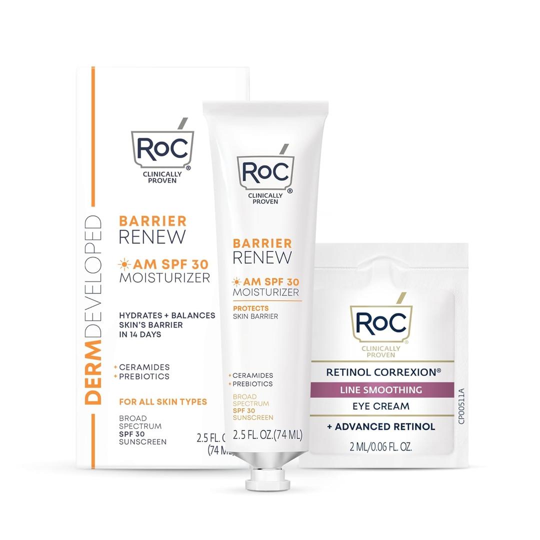 RoC Barrier Day Cream with SPF 30, Moisturizer with Ceramides & Prebiotics to Protect Skin Barrier, (2.5 oz) with Retinol Eye Cream Packette