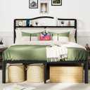 Full Size Bed Frame with Headboard 18 Inch Tall Bed Frames with Storage & Charging Station Black Basic Bed Base Mattress Foundation,No Box Spring Needed,Heavy Duty Metal (18 Inch, Full)