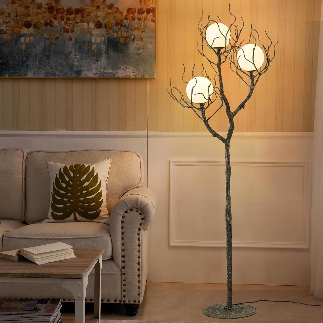 Unique Floor Lamp for Living Room - Tree Trunk Design with 3 Moon Lights, Wood Grain Resin & Metal Base for Farmhouse, Bedroom and Office(63 Inch)