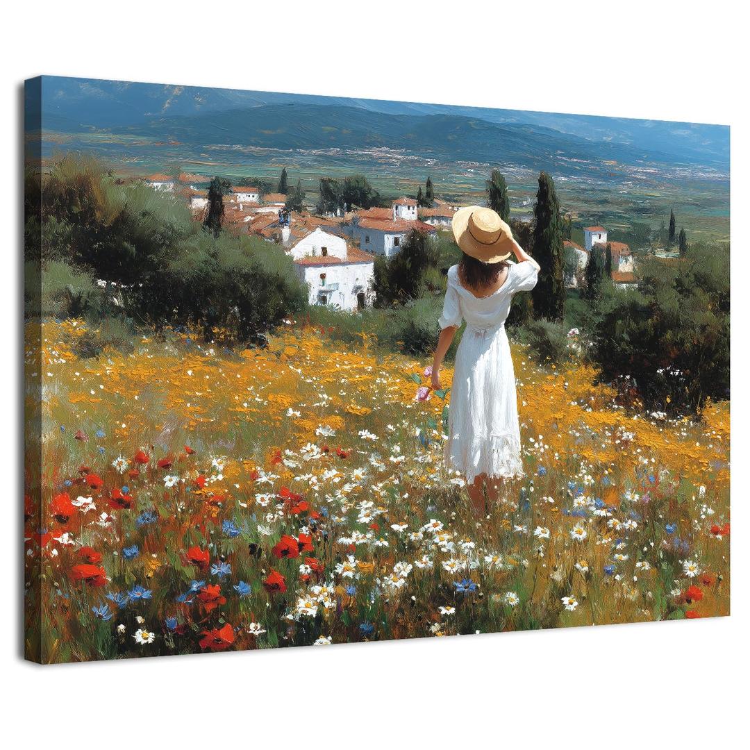 Countryside Girl Wall Art Girls Bedroom Wall Decor Abstract Colorful Wildflower Vintage French Country Landscape Canvas Prints Picture Nature Daisy Poppy Flower Poster Home Artwork Decoration 12x16"