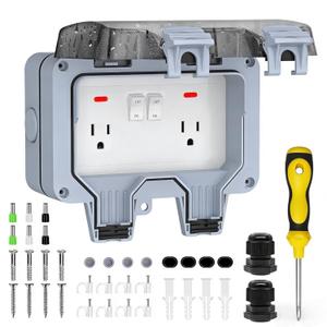 Double Outdoor Outlet with Box Waterproof IP66 Outdoor Electrical Receptacle, Outdoor Power Outlet with Cover, Switch Indicator, Exterior Wall Electrical Box for Garden, Yards, Swimming Pool (Gray)
