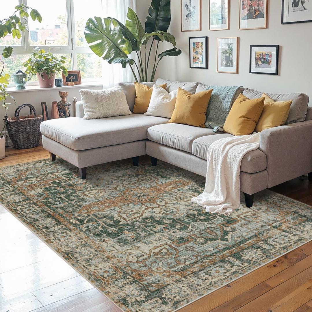 Rugxara 4x6 Rug for Living Room Bedroom, Green Washable Throw Rugs, Vintage Retro Boho Area Rugs, Non Slip & Low Pile Accent Throw Carpet for Indoor Dining Room, Kids Room and Office(Green 4x6ft)