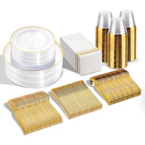 SUT 350Pcs Plastic Dinnerware Set for 50 Guests, Clear and Gold Plastic Plates, Disposable Plates and Napkins Party Supplies, Gold Silverware, Plates, Cups and Napkins Sets for Party Weddings