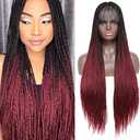 ROSEBONY Box Braided Wigs for Black Women Burgundy Red 30" Long Micro Braids Wigs with Bang Synthetic Heat Resistant Fiber Small Braids (Fake Scalp Wig, 1b/burg)