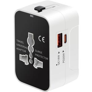 International Universal All in One Worldwide Travel Adapter Fast Charger with PD 3.0 Type C & USB-A Quick Charging Wall Charger AC Power Plug Adapter for USA EU UK AUS European Cell Phone Laptop (White)