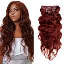 #33 Reddish Brown Clip in Hair Extensions Real Human Hair, 22 Inch 120g/7Pcs,Full Shine Remy Human Hair,Copper Red Long Wave Clip ins Brazilian Virgin Human Hair Extensions