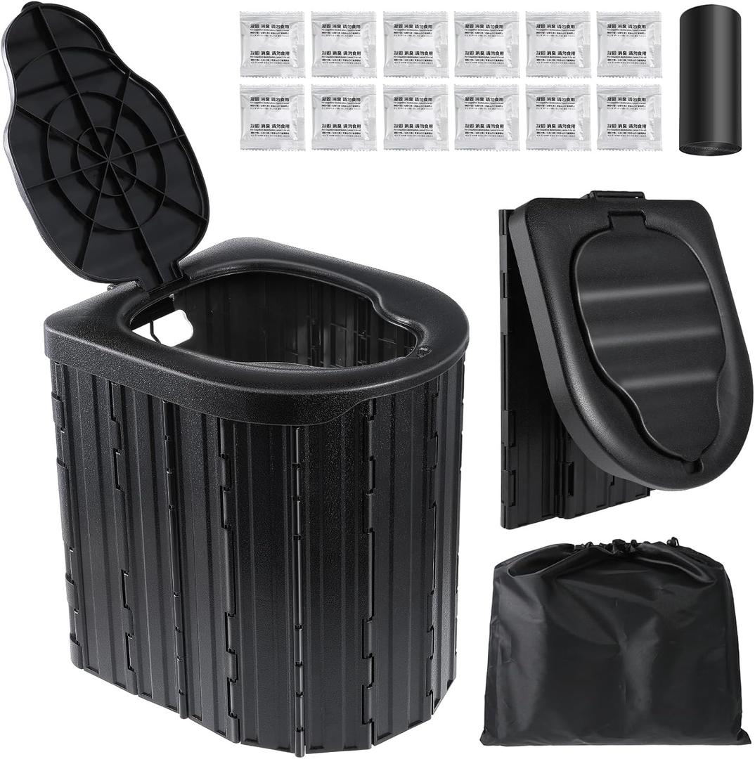 Portable Toilet for Adults, Foldable Plastic Toilet, with Lid and Paper Holder Travel Porta Potty for Adults Camping, Hiking, RV, Fishing, Beach, Road Trip, Truck, Hunting (black-15.7''H)
