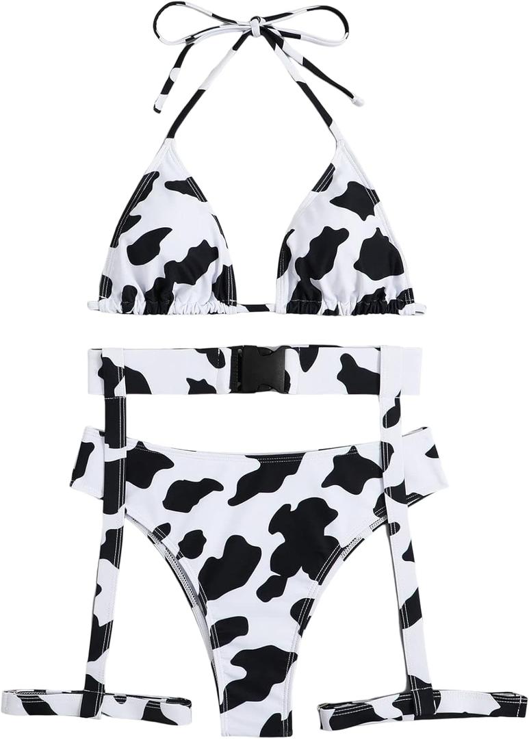 SHENHE Women's 3 Piece Cow Print Cut Out Tie Backless Halter Triangle Bikini Swimsuit Bathing Suit (Medium, Black)
