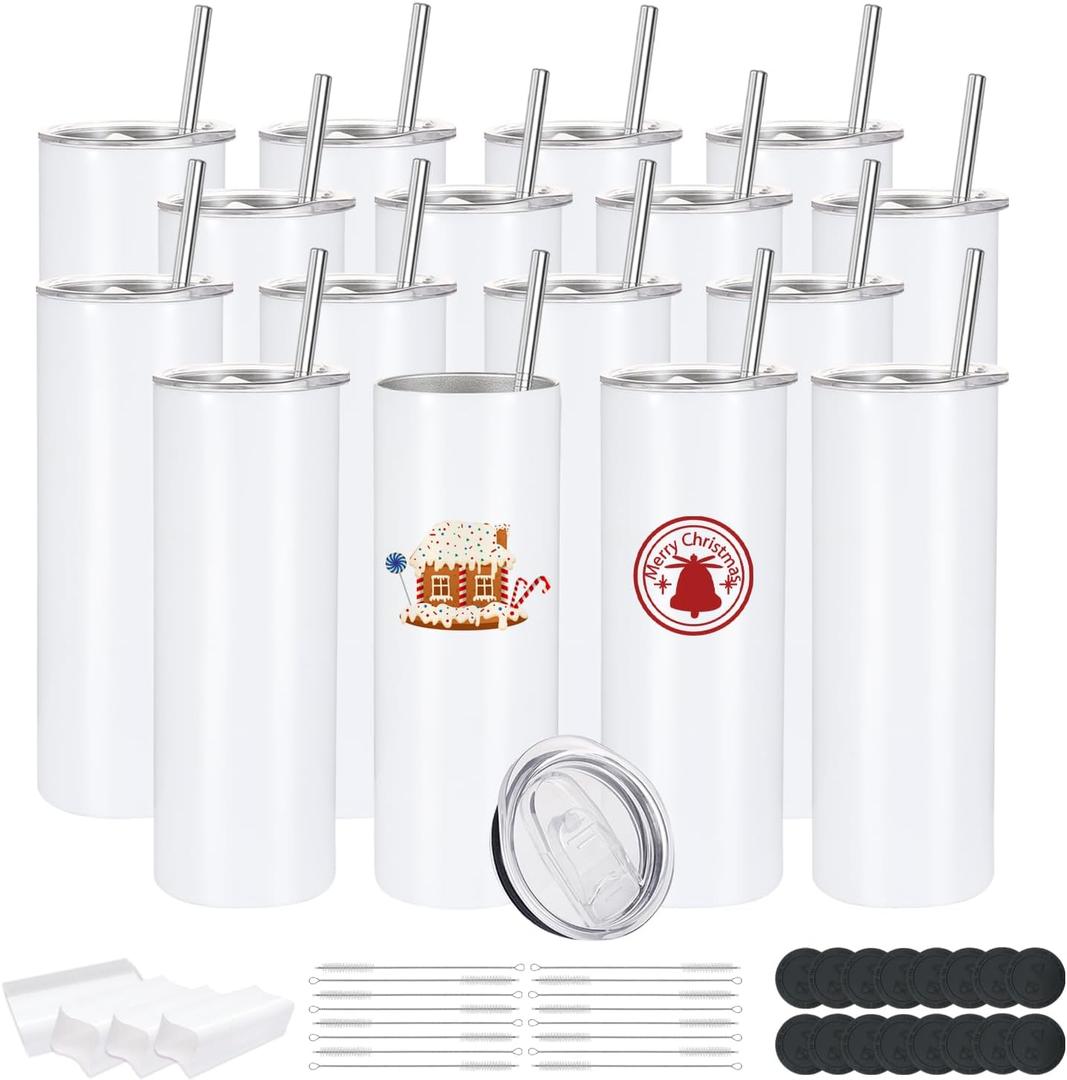 16 Pack Sublimation Tumblers Edge Blanks Skinny Straight Bulk 20 oz, Stainless Steel Double Wall Insulated Tumbler with Straw & Lids for Heat Transfer, White