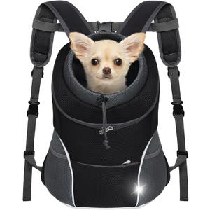 YUDODO Dog Front Carrier Backpack, Adjustable Breathable Pet Carrier for Small Dogs, Ventilated Puppy Back Pack with Safety Belt, Lightweight Doggy Backpack for Hiking Outdoor (Black, M: 4.5-9 lbs)
