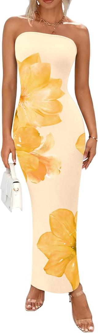 PRETTYGARDEN Women Summer Strapless Maxi Dress Bodycon Floral Sexy Long Wedding Guest Dress Formal Tube Mesh Cocktail Dresses S