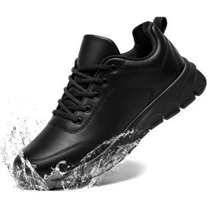 Mens Non Slip Work Shoes Waterproof Oil-Proof PU Leather Food Service Restaurants Kitchen Chef Shoes Comfy Walking Sneakers Lightweight Classic Stylish Casual Office Footwear Black Size Men 13