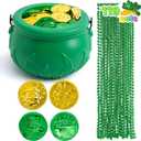 JOYIN 119 Pcs St. Patricks Party Supplies Set, 18 Bead Necklaces, 100 Plastic Coins and 1 Cauldron, St Patricks Day Party Favor Supply (Green Cauldron, Bead Necklace, Green and Gold Coins)