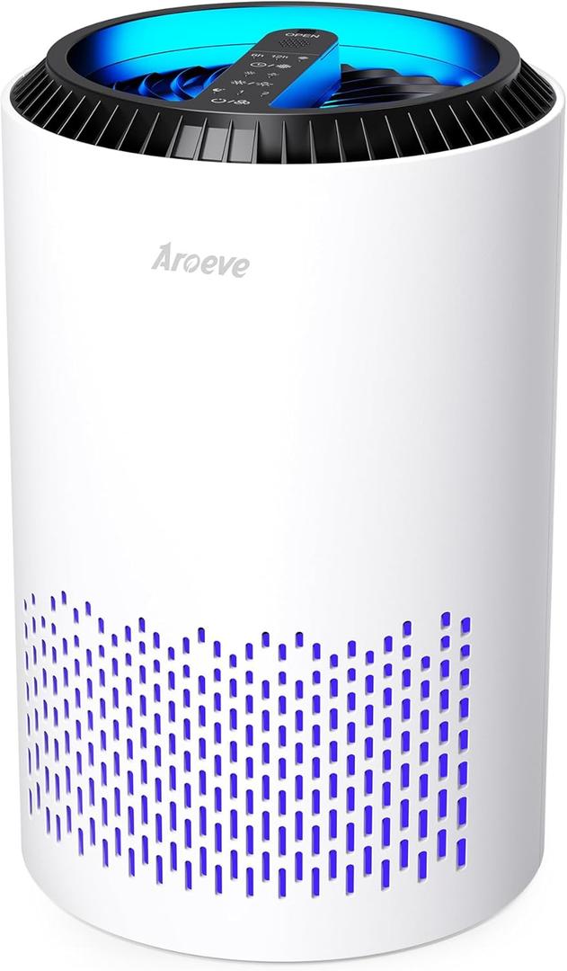 AROEVE Air Purifiers for Bedroom Home, 3 Layer Filter for Smoke Pollen Allergies Pet Dander Odor, Sleep Mode for Better Sleep, Energy Saving, 3 Speeds, Timer for Office, Dorm, Kitchen, MK01, White