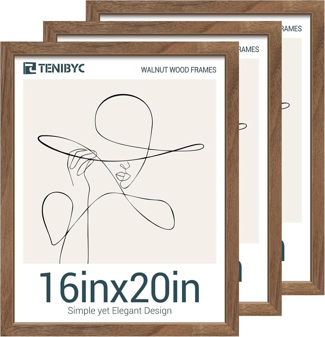 16x20 Poster Frame 3 Pack with HD Glass- Brown Walnut, Natural Solid Wood Picture Frame, Wall Gallery Frame