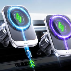 LISEN for MagSafe Car Mount Charger for iPhone 16, 15W Wireless Universal Vent Charger for iPhone 16 Car Accessories Magnetic Phone Holder Mount, Fits iPhone 16 Pro Max Plus Mini 16 15 14 13 Sliver (Silver)