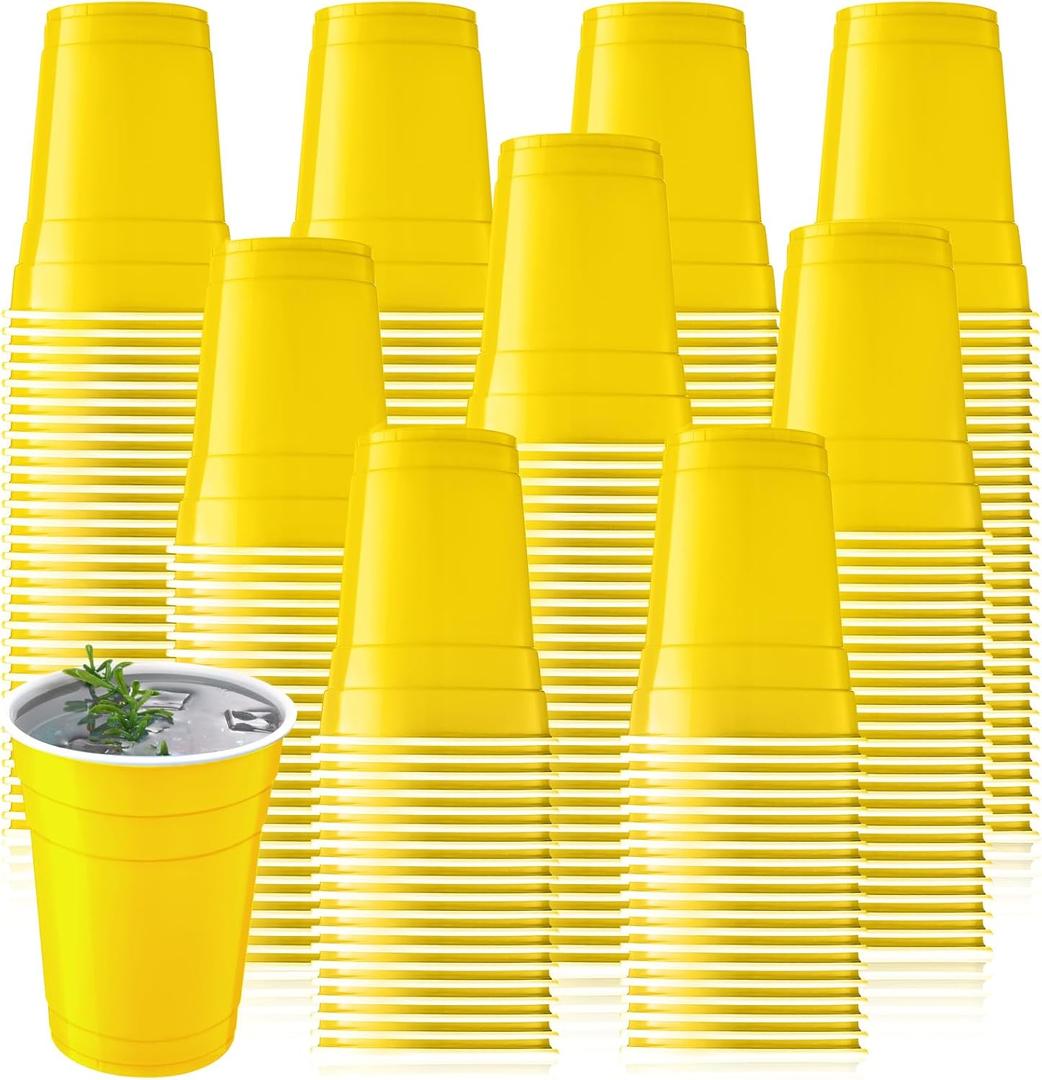 Zopeal 200 Count 18 Ounce Plastic Disposable Cups Beverage Drinking Heavy Duty Large Party Cold Drink Plastic Cups for Birthday Graduation Halloween Drinks Soda Punch Barbecues Picnics(Yellow)