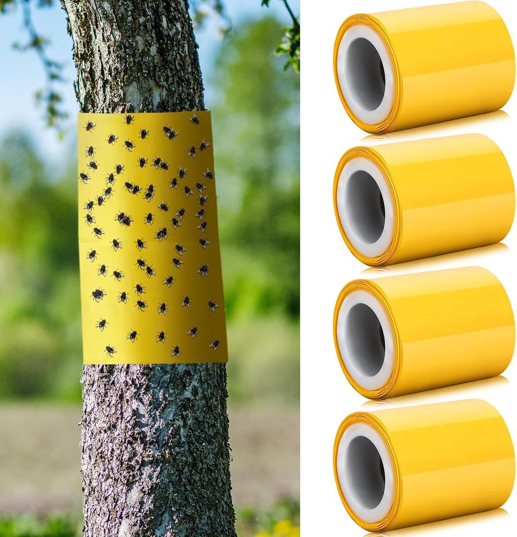 4 Rolls 260ft Lantern Fly Tree Tape Outdoor Adhesive Crawling Insect Trap Yellow Sticky Traps Sticky Barrier Protecting Trees Outdoor Indoor Fruit Tree Lawn Garden Control Aphids Ant Moth