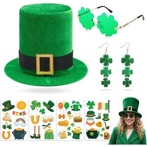7 Pcs St. Patrick's Day Costume Accessories Leprechaun Top Hat Shamrock Earrings Glasses Irish Stickers Set for Women