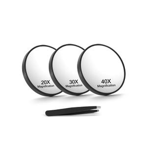 20X/30X/40X Magnifying Mirror with Suction Cups and Tweezers Set, 3.5 inches Travel Magnified Makeup Mirror, Black, 3PCS