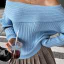 Cakulo Womens Off The Shoulder Sweater Ribbed Oversized Long Sleeve Tops 2026 Casual Knit Pullover Sweaters (Blue, S)