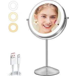 8" Makeup Mirror with Lights, Vanity Mirror with 1X/10X Magnification, Touch Screen 3 Colors Dimmable 54 LED Lights Brightness Adjustable 360 Rotation for Tabletop (Chrome)
