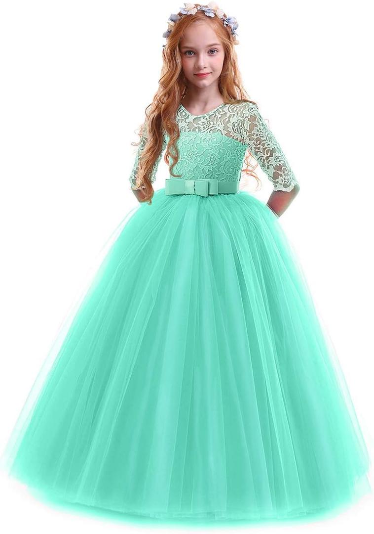 Girls Flower Vintage Floral Lace 3/4 Sleeves Floor Length Dress Wedding Party Evening Formal Pegeant Dance Gown 9-10Y
