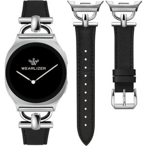 Wearlizer Leather Bands Compatible with Samsung Galaxy Watch 8 Band 40mm 44mm/Watch 8 Classic 46mm, Dressy Designer Slim Leather Strap Wristband Accessories with D-Shape Metal Buckle for Women (Black/Silver)