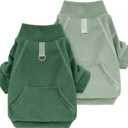 Idepet Fleece Dog Sweater 2 Pack, Winter Pet Clothes Turtleneck Sweatshirt Stretchy Small Dog & Cat Apparel with Leash Ring, Green, Dark Green, X-Small