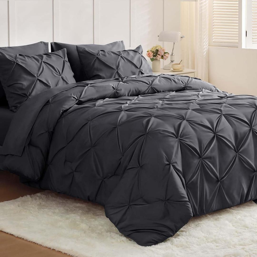 JOLLYVOGUE Queen Comforter Set 7 Pieces - Bed in a Bag Queen for All Season, Pintuck Bedding Comforter Sets with Comforter, Flat Sheet, Fitted Sheet and Pillowcases & Shams, Dark Grey