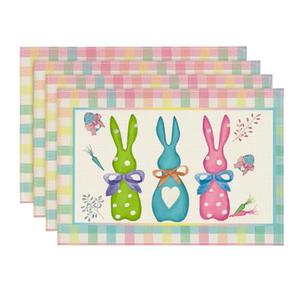 Artoid Mode Green Blue Pink Buffalo Plaid Bunny Happy Easter Placemats Set of 4, 12x18 Inch Seasonal Holiday Table Mats for Party Kitchen Dining Decoration
