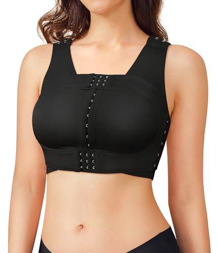 BRABIC Front Closure Post Surgical Compression Everyday Bra for Women Mastectomy with Removable Breast Support Band Black, XL
