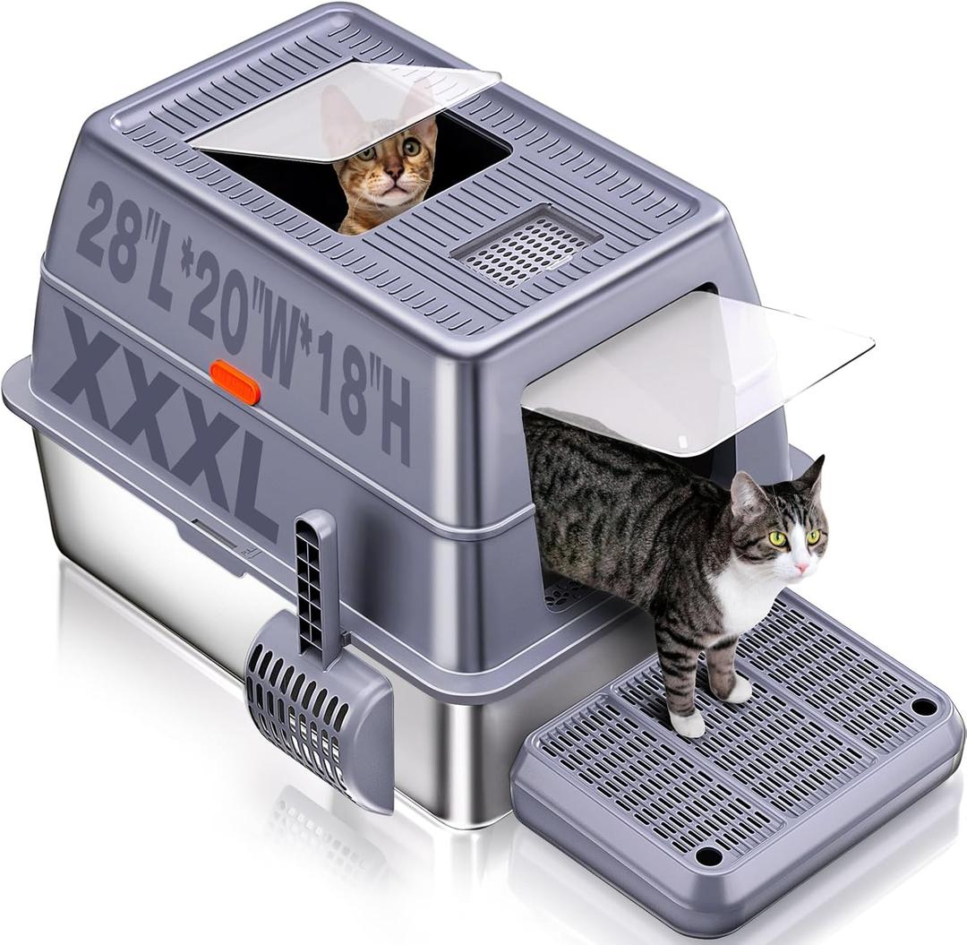 XXXL Stainless Steel Litter Box with LidExtra Large 28"L*20"W*18.1"H Metal Cat Litter Boxs,Jumbo Enclosed Removable Litter Box High Sides For Big Cats,with Cat Litter Scoop, Leak-Proof, Easy to Clean