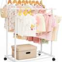 Kids Clothing Rack Bamboo with 2 Hanging Rods and 4 Hooks, Kid Dress Up Holder on Wheels, Small Child Garment Hanger for Playroom, Toddlers Bedroom (White)