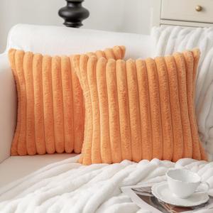 MOSAYT Fall Faux Fur Throw Pillow Covers 20x20, Set of 2, Plush Velvet Soft Pillow Case,Fluffy Striped Decorative Couch Pillow Covers for Sofa, Bedroom, Living Room(Orange)