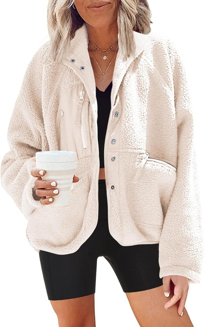 Nirovien Womens Fuzzy Fleece Jacket Button Down Sherpa Coats Casual Winter Warm Outwear with Pockets (Medium, Beige)