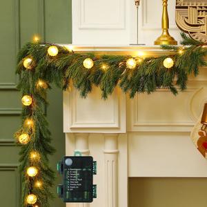 Ceenna 6.2FT Pre Lit Christmas Cedar Garland with Lights Artificial Pine Garland Christmas Decorations with Ball Ornaments,8 Modes Timer Battery Operated for Outdoor Indoor(Gold)