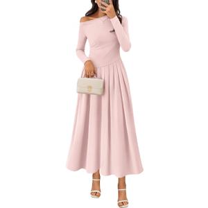 MEROKEETY Women's Fall Long Sleeve Wedding Guest Dresses 2025 One Shoulder Elegant Formal Pleated Midi Maxi Dress (Pink, M)