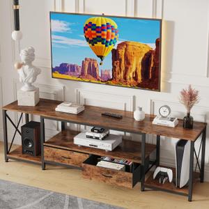 TV Stand with Fabric Drawers - Entertainment Center and Industrial Console Table with Open Storage Shelves for Living Room, Bedroom - 71.5" Rustic Brown