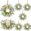 6 Pcs 9" Small Spring Wreath for Kitchen Cabinet Floral Wedding Candle Rings Wreaths Spring Summer Wildflower Wreath with Ribbon for Pillars Front Door Porch Wall Window Farmhouse Party Home Decor
