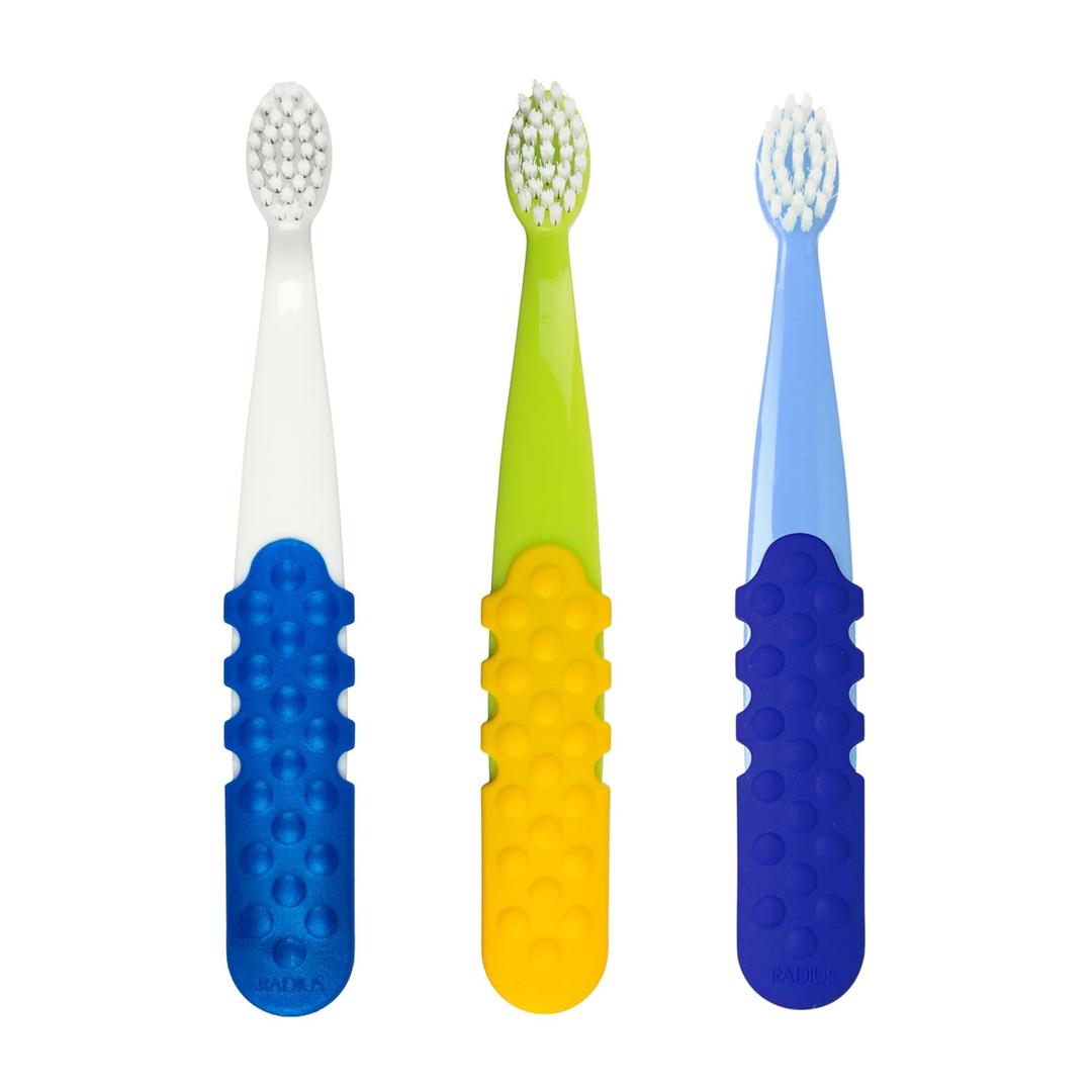 RADIUS Children's Toothbrush, Totz Plus Brush, Extra Soft Bristles, White/Green/Lightblue, BPA Free & ADA Accepted, for Delicate Teeth & Gums for Children 3 Years & Up, Pack of 3