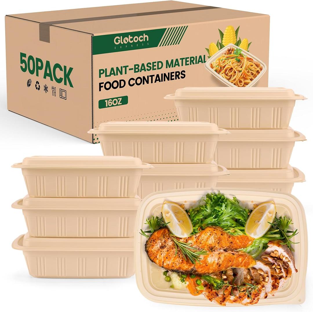 100 Piece (50 Pack) Meal Prep Containers with Lids, 16 oz Cornstarch Small Food Storage Containers Plant-based Lunch Box for Salad, BPA Free Plastic Disposable Take Out Boxes Microwave & Freezer Safe