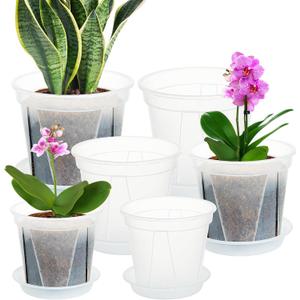 Plant Pots 7/6/4.7 Inch Set of 6, Clear Plastic Nursery Pots with Drainage Holes and Saucers, Flowers Planter Pots for Indoor Outdoor Plants (Variety Size, Clear)