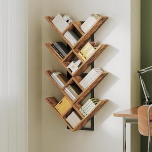 HOOBRO Floating Shelves for Wall, Set of 2 Wall Mounted Shelves, 2-Tier Wooden Tree Bookshelf, Hanging Shelves Storage Rack, for Living Room, Kitchen, Office, Rustic Brown and Black 