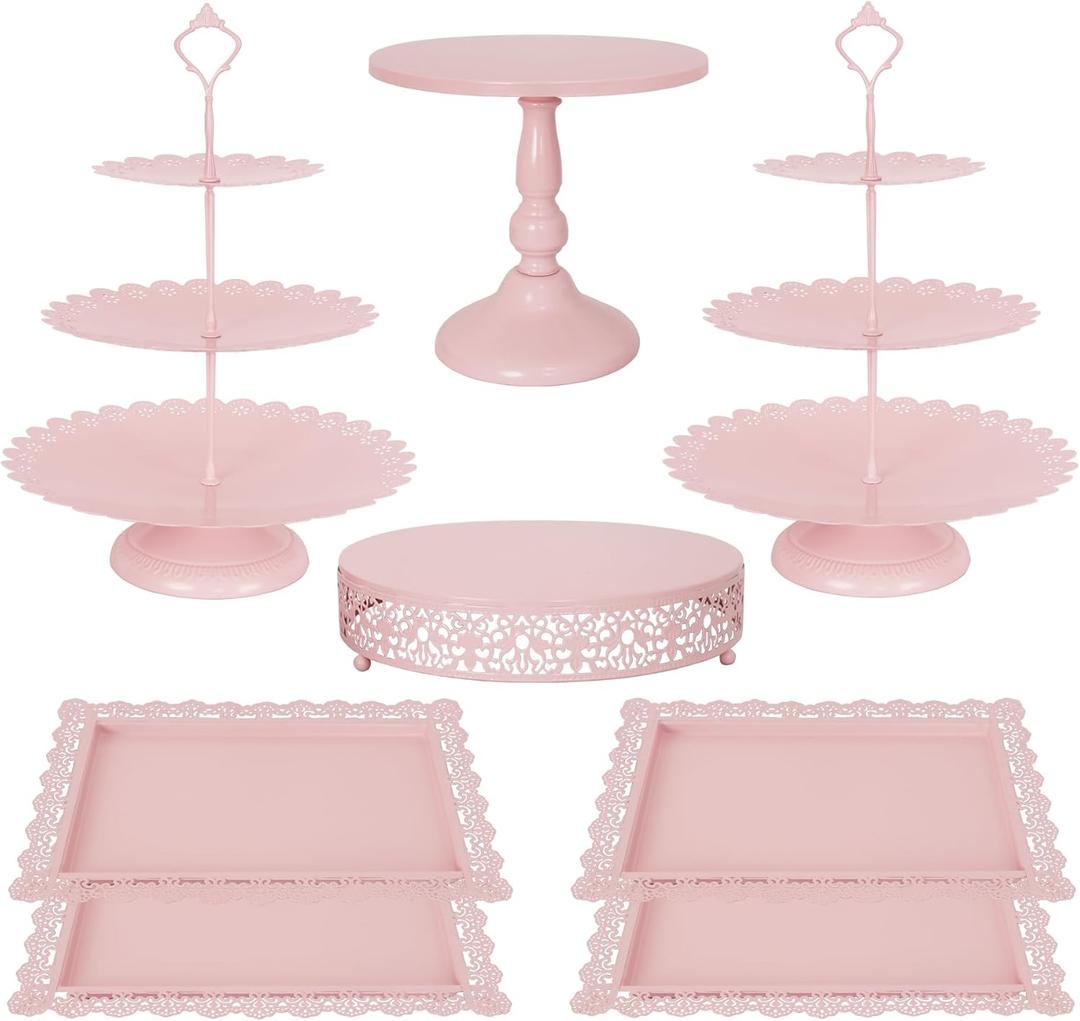Fivenl 8 Pcs Cake Stand Pink Metal Dessert Table Display Set, 3-Tier Cupcake Stand, Cake Display Tower and Cookie Tray Rack Serving Tray for Birthday Party, Weddings, Baby Shower (Pink)