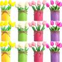 Domensi 12 Pack Spring Centerpieces for Table Office Decoration 48 Pcs Mother's Day Artificial Tulip Bulk with 12 Metal Pot PU Faux Flowers in Vase Floral Bouquet for Office Work Home Table Decor