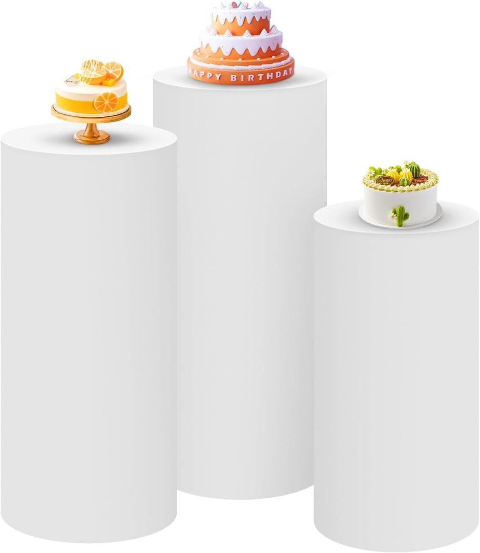 SaitiMade Set of 3 - White Cylinder Pedestal Stand Covers, Spandex Cylinder Stand Covers for Party, Wedding or Birthday Event Decor - Only Contains Cylinder Covers
